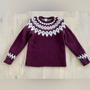 L.L. Bean Burgandy Fair Isle 100% Wool Sweater with Cream Design